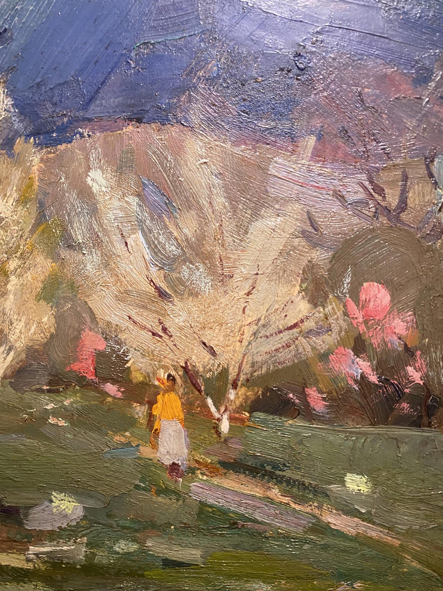 Oil painting Spring in Y. by Arkady Strelov with pink blossoms