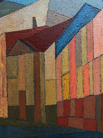 Oil painting Old houses by Serhiy Kovalev: vibrant geometric buildings