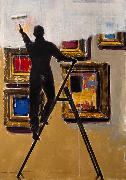 Silhouetted figure on A-frame ladder painting Acrylic Dissolve into the Museum by Juan Angel Gonzalez de la Calle