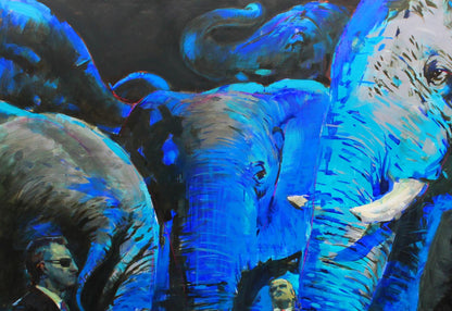 Vibrant blue elephant oil painting Bodygards by Ed Potapenkov