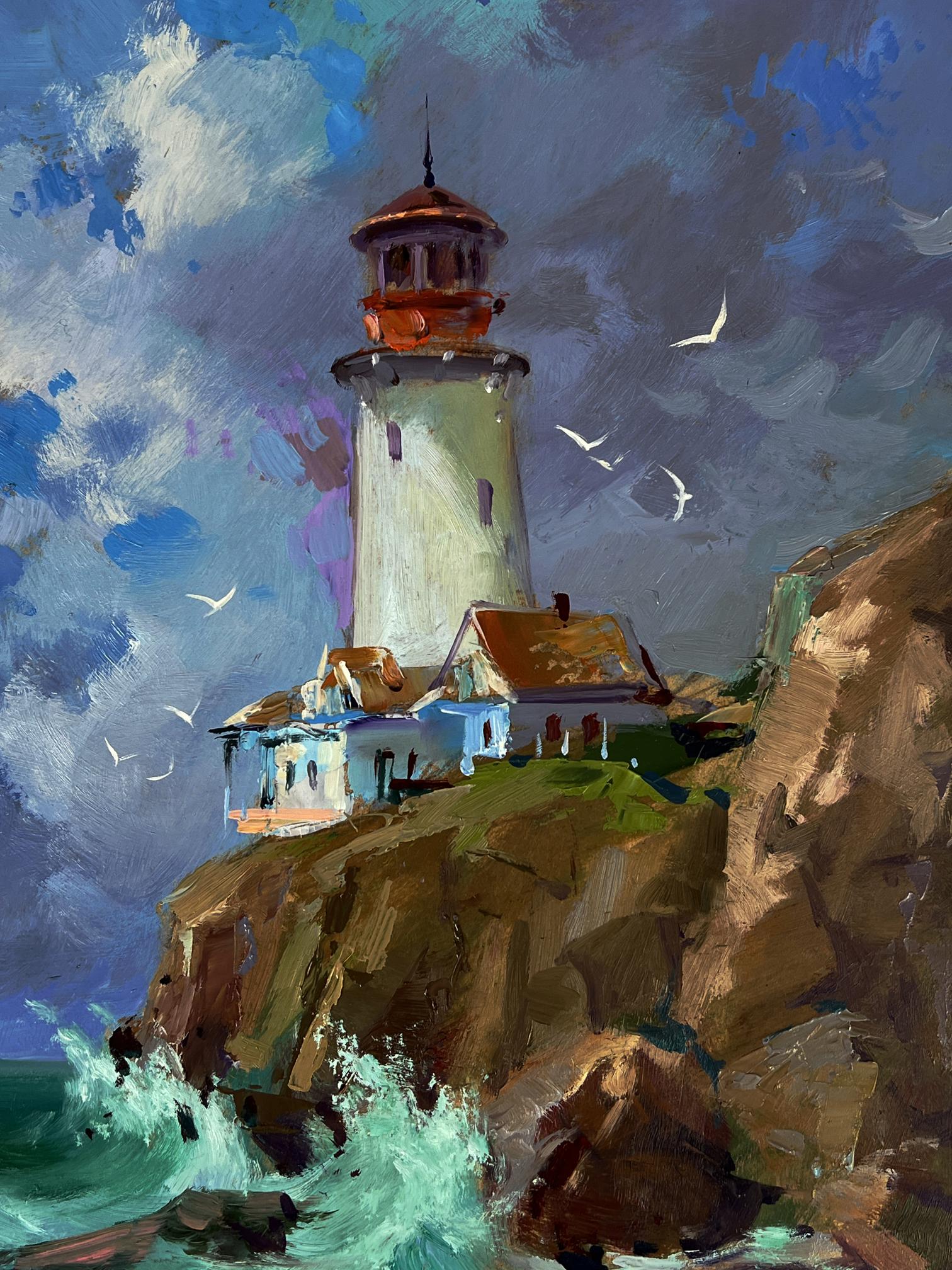 Oil painting of white lighthouse with orange lantern room on rocky cliff by Yuriy Suprunchuk