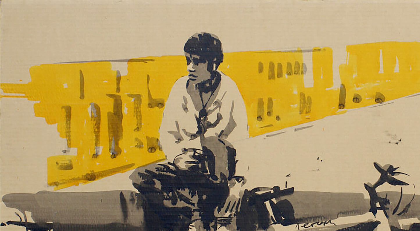 Stylized black and white painting of person resting on yellow background by Dima Filatov