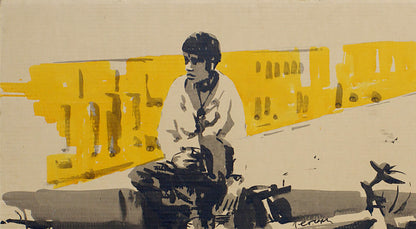 Stylized black and white painting of person resting on yellow background by Dima Filatov
