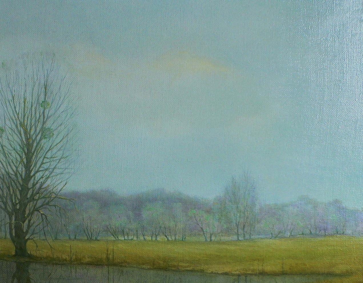 Oil painting Autumn swamp by Vasily Korkishko: bare tree, blue sky, hills