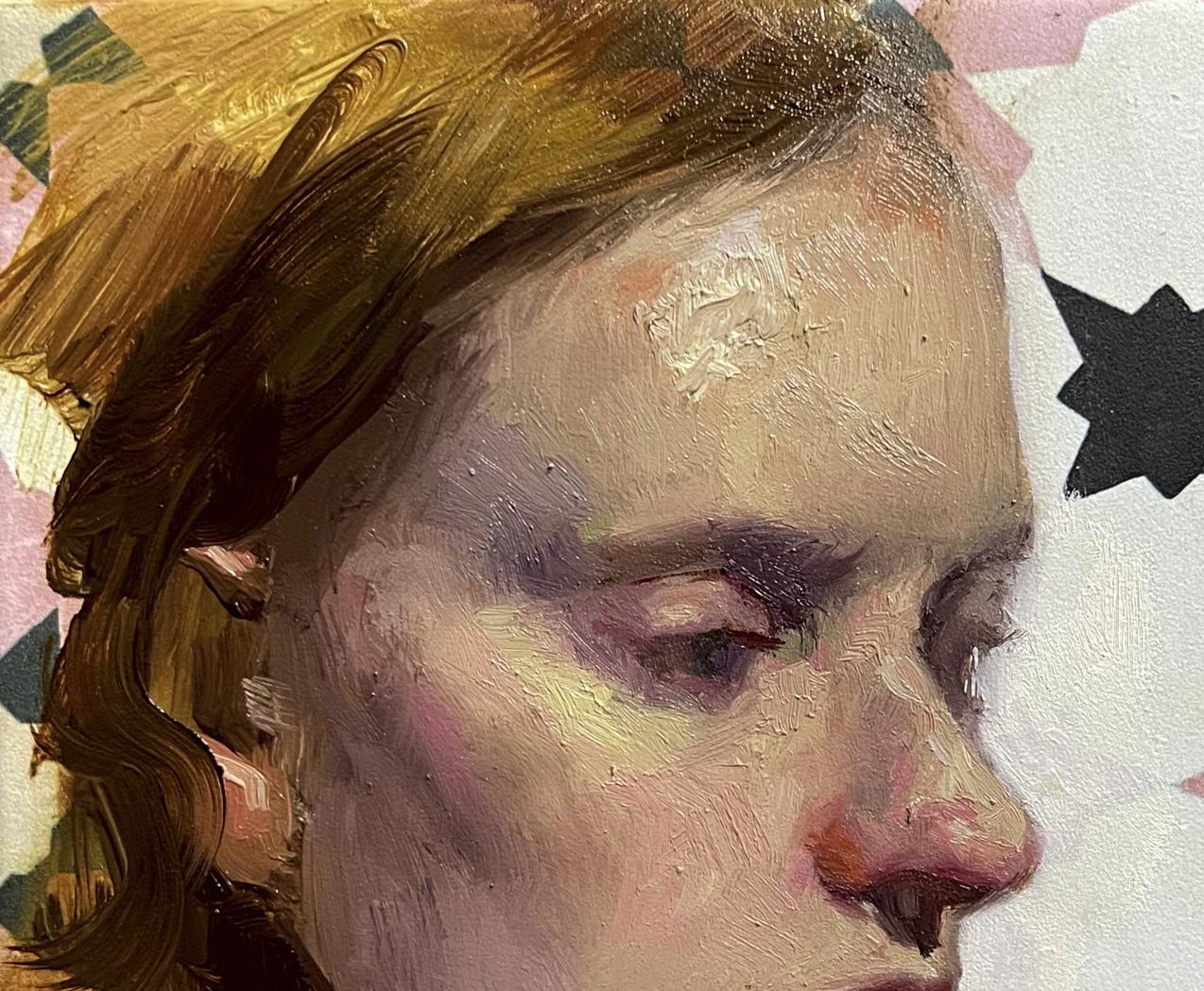 Textured oil painting portrait of woman Helena Annam Butt with golden-brown hair