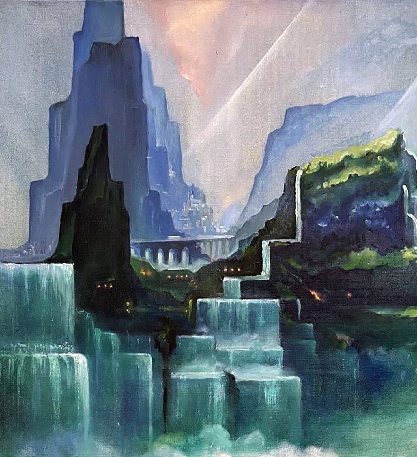 Oil painting Valley of Waterfalls by Serhii Prybyshenya surreal landscape