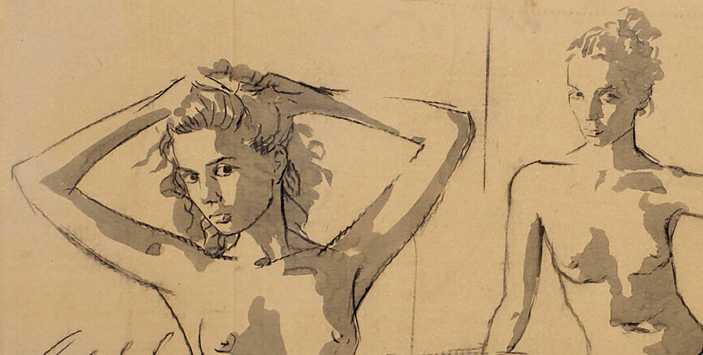 Charcoal figure sketches by Dima Filatov on aged paper