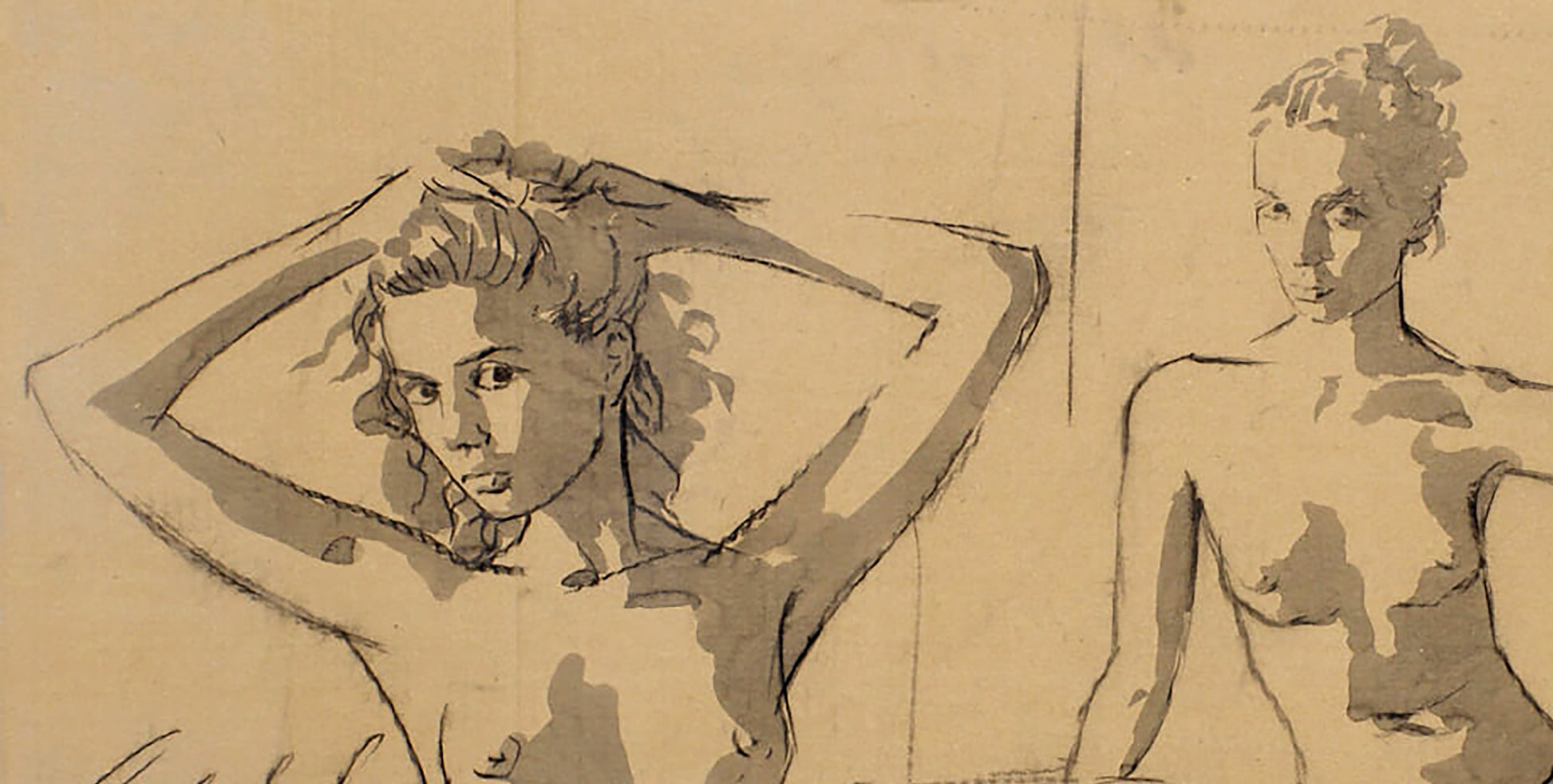 Charcoal figure sketches by Dima Filatov on aged paper
