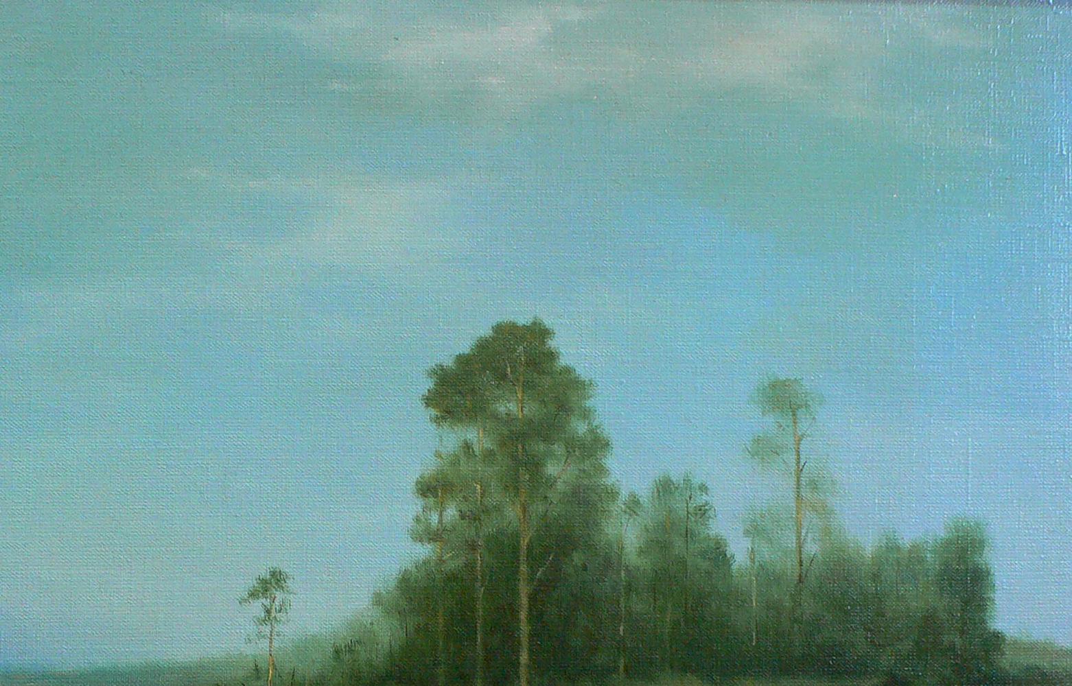 Serene oil painting of silhouetted pines and blooming lavender by Vasily Korkishko