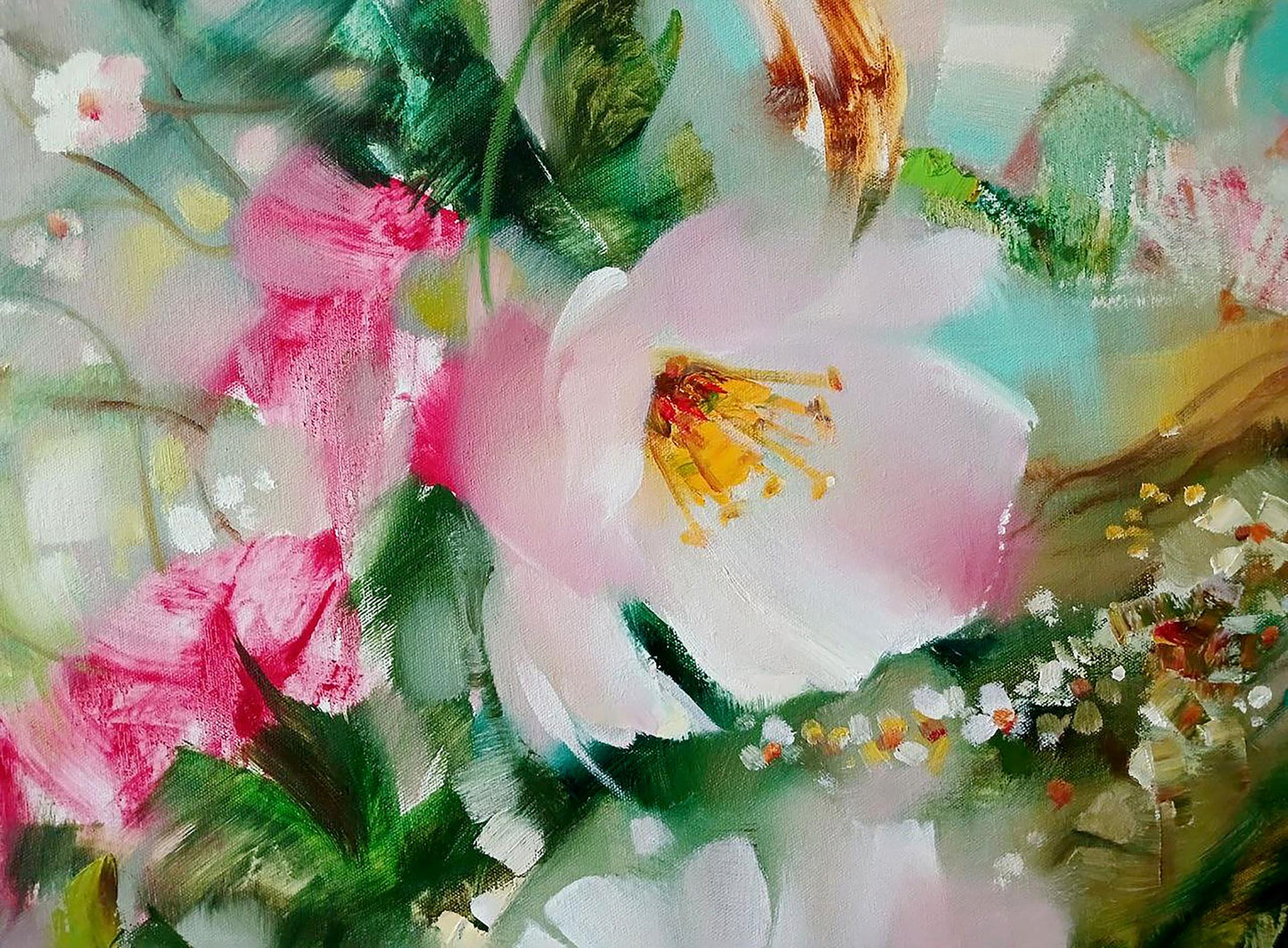 Abstract impressionistic oil painting of pink white flower by Anatoly Tarabanov