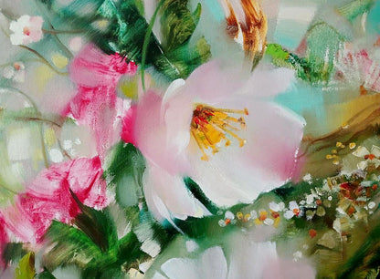 Abstract impressionistic oil painting of pink white flower by Anatoly Tarabanov