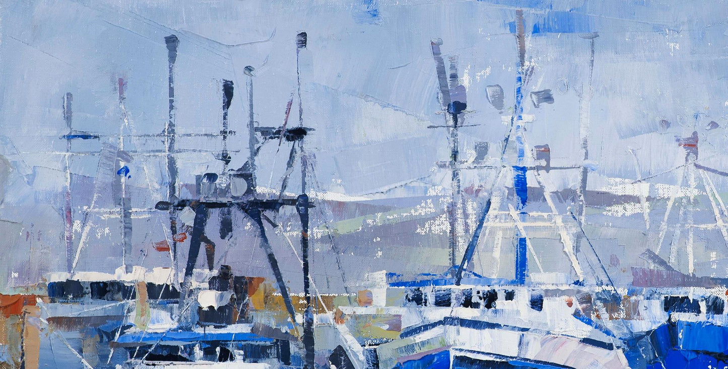 Impressionistic oil painting of blue and white fishing boats and seagulls by Volodymyr Gluhomanyuk