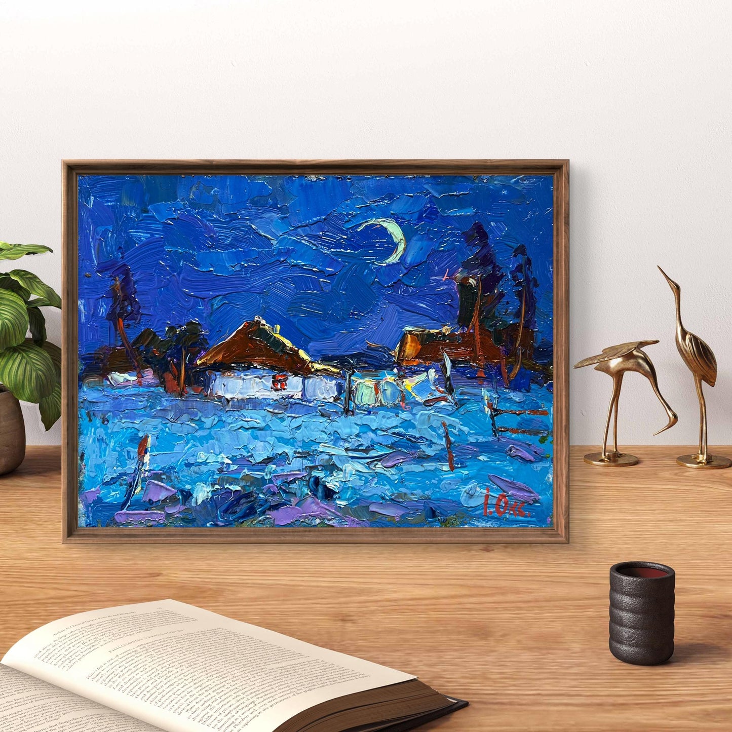 Framed oil painting Moonlit night by Oksana Ivanyuk with textured blue purple village scene
