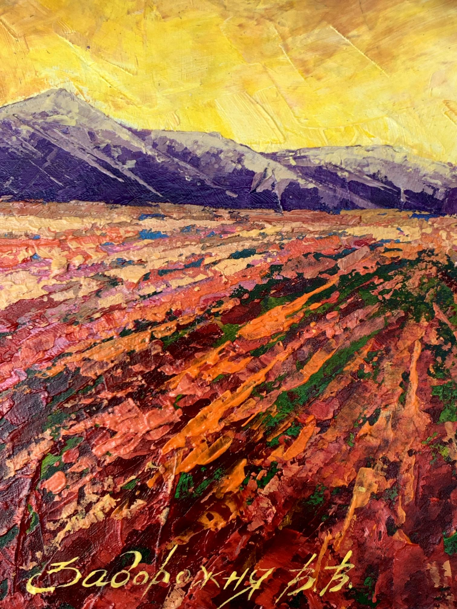 Vibrant oil painting of mountain sunset by V. Zadorozhnya