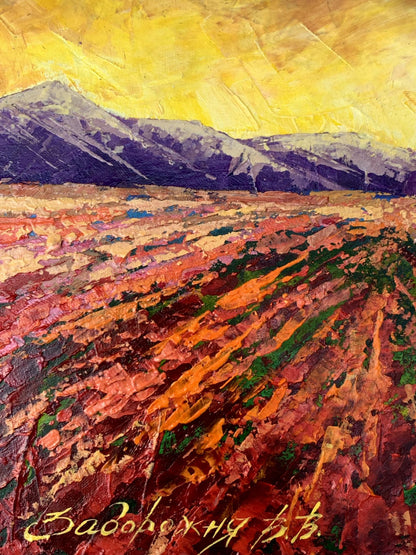Vibrant oil painting of mountain sunset by V. Zadorozhnya