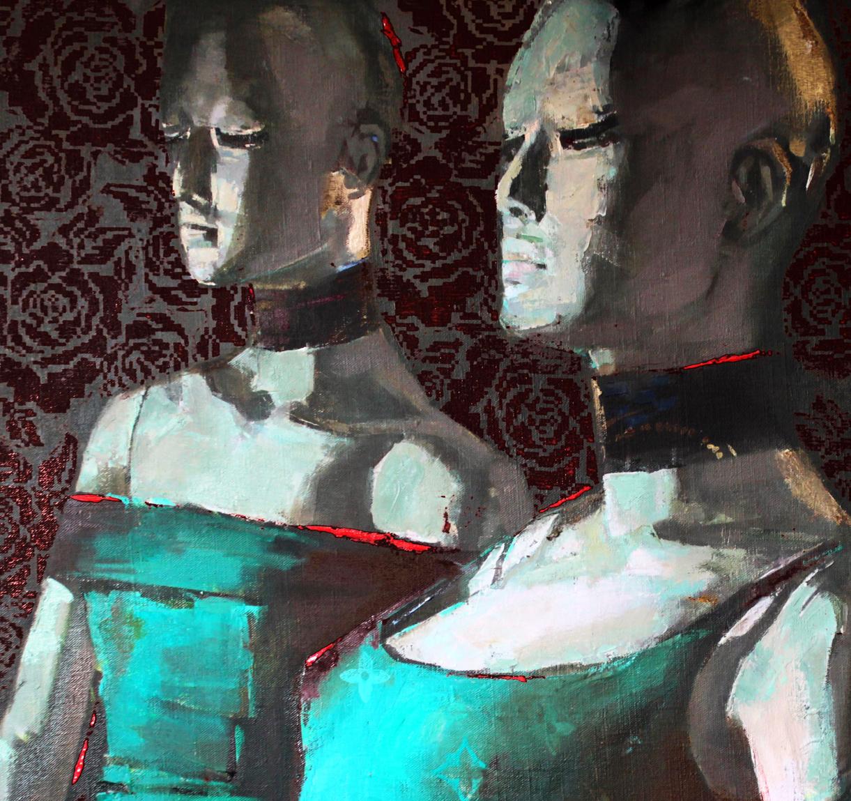 Oil painting Pathos by Ed Potapenkov: teal gray humanoid figures on dark floral background