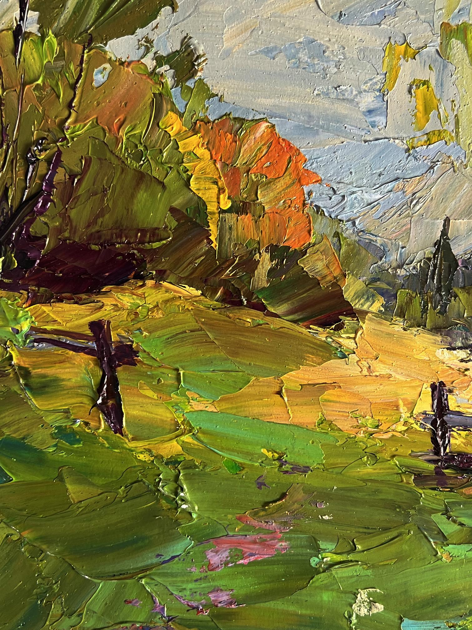 Oil painting Autumn mountain meadows by Boris Serdyuk vibrant sunlit hills