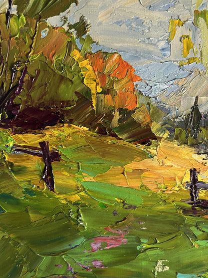Oil painting Autumn mountain meadows by Boris Serdyuk vibrant sunlit hills