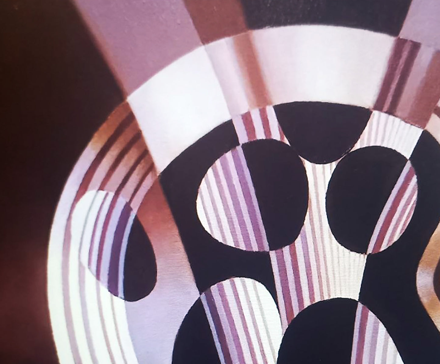 Oil painting Ribbon by Alexander Strashevich: bold black circles with striped interiors on dark background