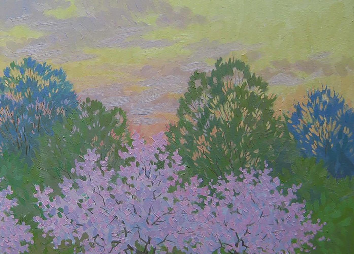 Vibrant impressionist oil painting of spring pink blossoms by Valery Savenets