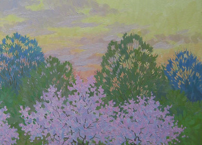 Vibrant impressionist oil painting of spring pink blossoms by Valery Savenets