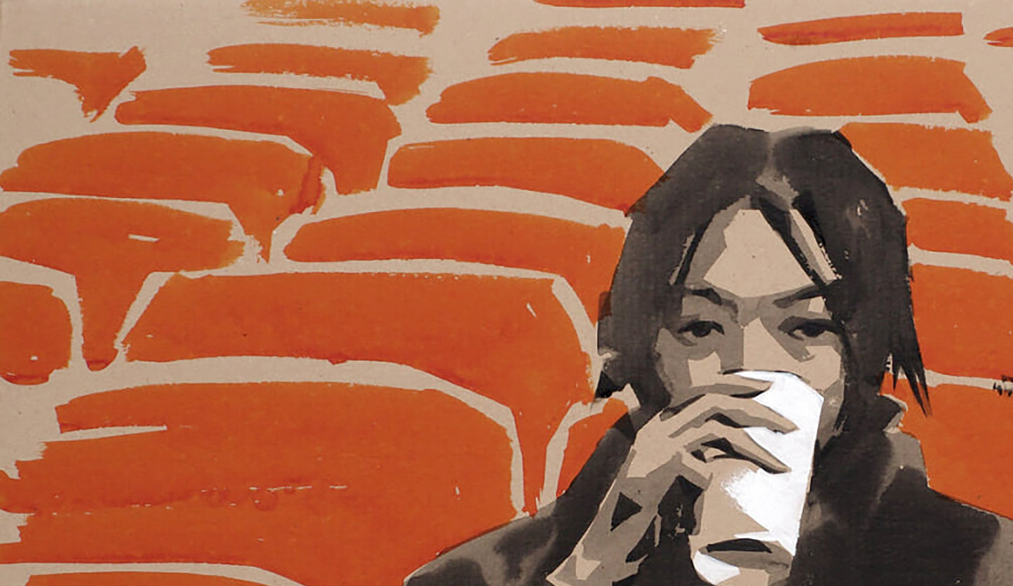 Stylized acrylic painting Moviegoer by Dima Filatov with paper cup on orange brick wall