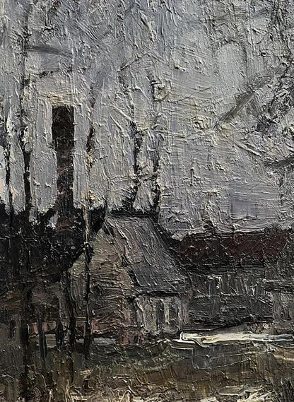 Textured impressionistic oil painting of rustic building by Volodymyr Pashchenko