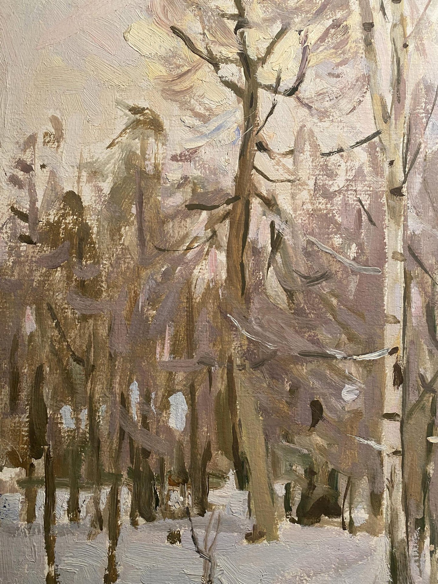 Oil painting of three birch trees in snowy park by Nikolai Fedorovich Bortnikov