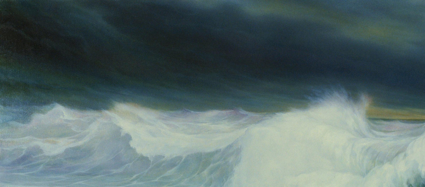 Oil painting of raging sea waves by Vasily Korkishko with stormy clouds