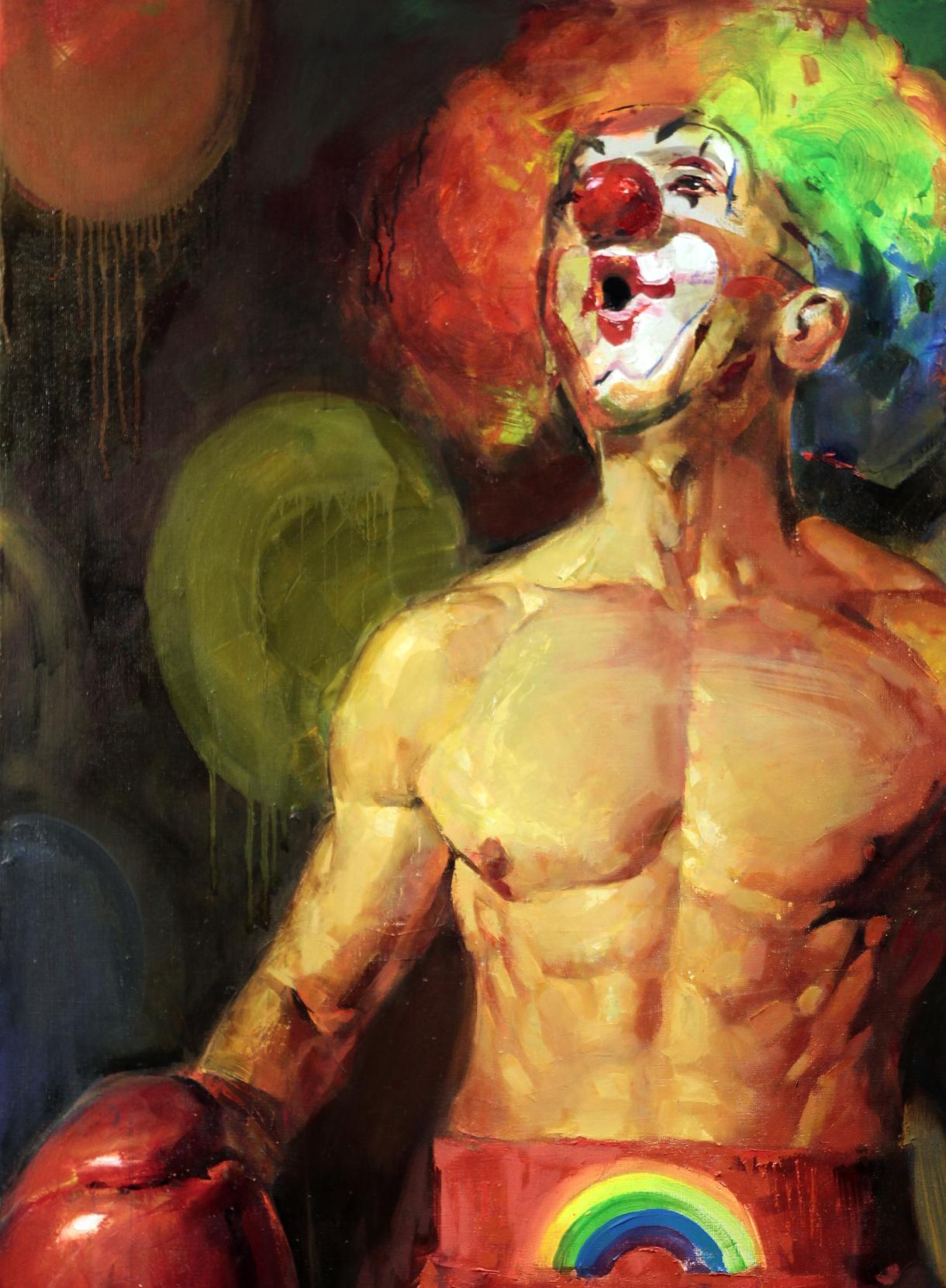 Muscular clown with multicolored afro in Red Clown oil painting by Ed Potapenkov