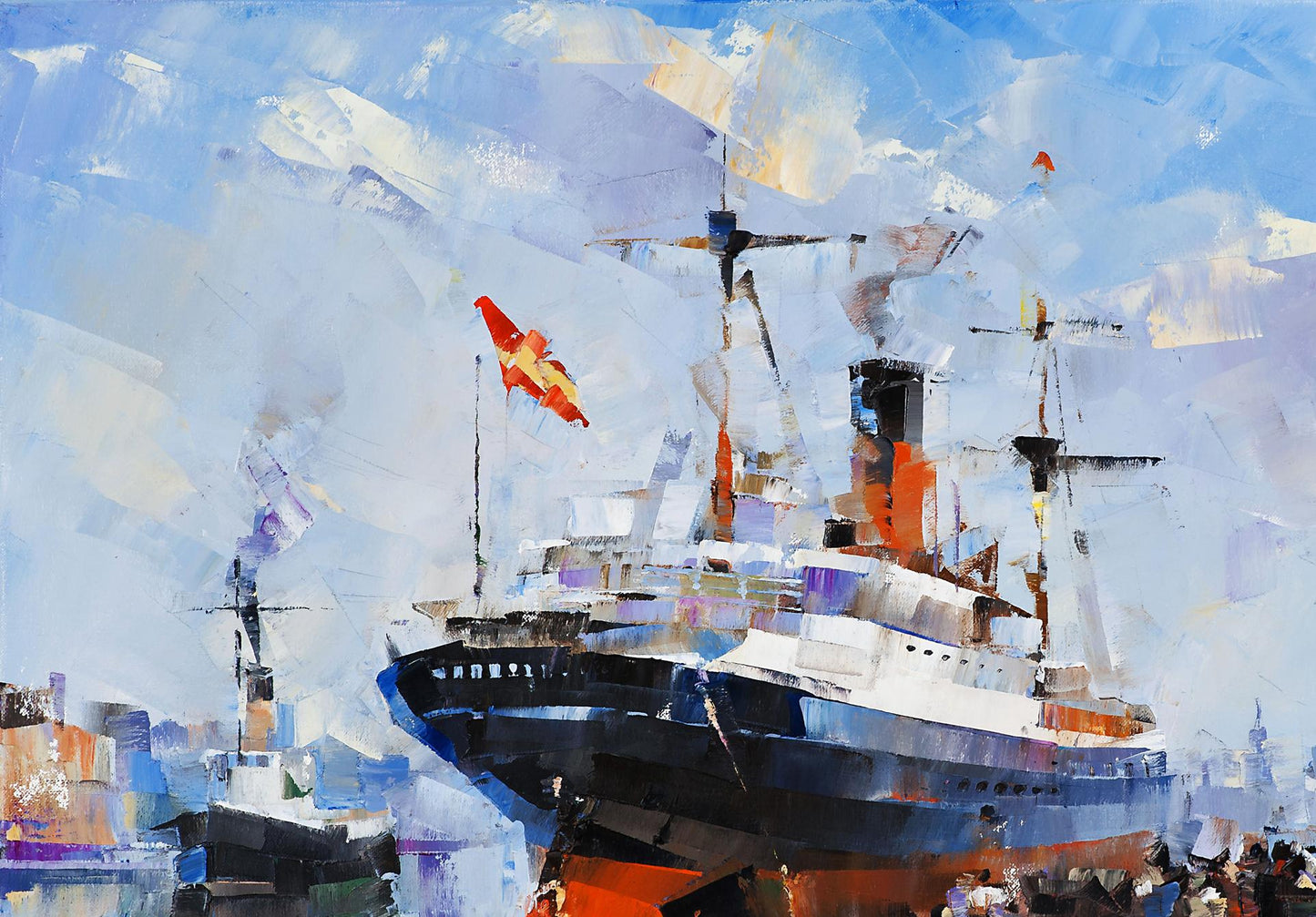 A bold, abstractly painted ocean liner with a black and white hull accented by orange details.