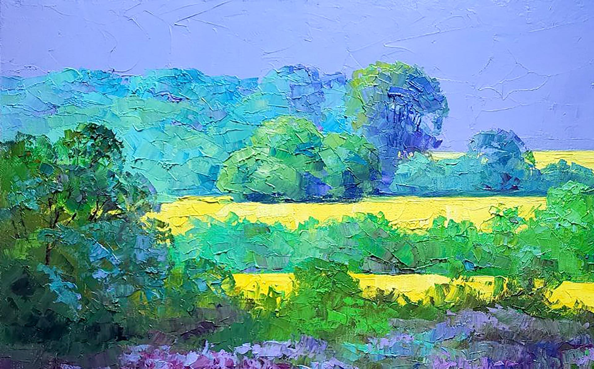 Vibrant impressionist oil painting of rapeseed fields by Boris Serdyuk