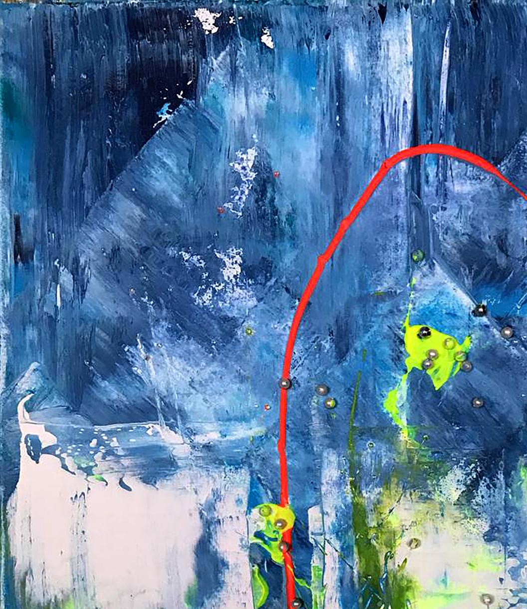 Acrylic painting Torn beads by Olga Melezhik with blue strokes and green splashes