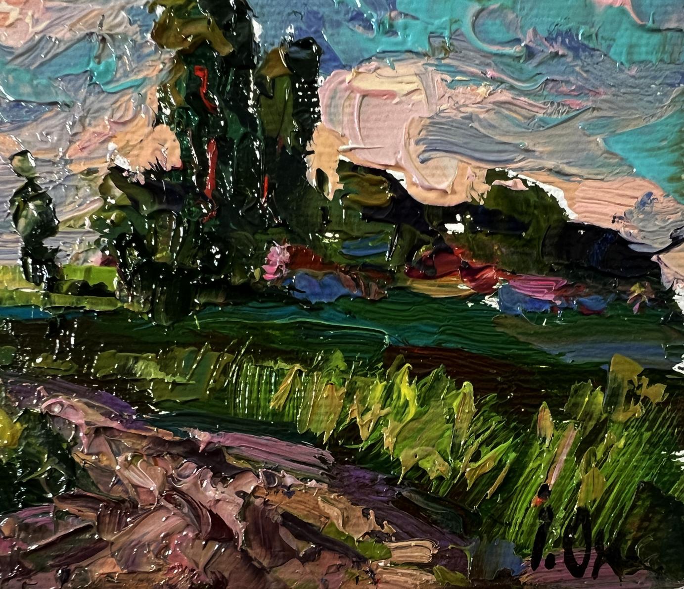 Impasto oil painting Outside the village by Oksana Ivanyuk with textured green foliage