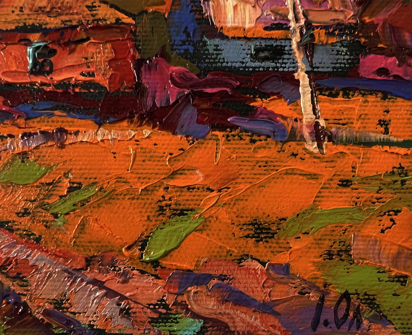 Oil painting Autumn village sunset by Oleksiy Ivanyuk vibrant textured abstract