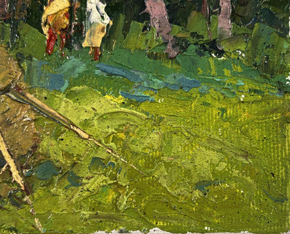 Vibrant green oil painting of haystack near forest by Oksana Ivanyuk