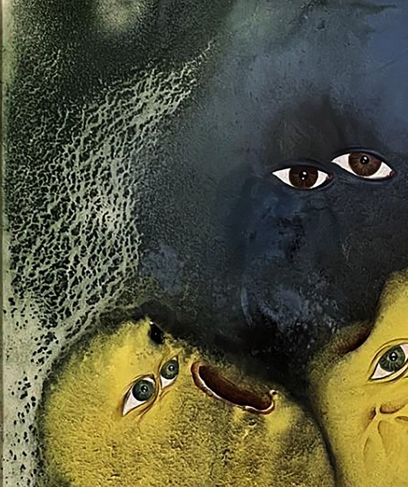Surreal watercolor painting by Dmytro Startsev: shadowy face over yellow textured faces