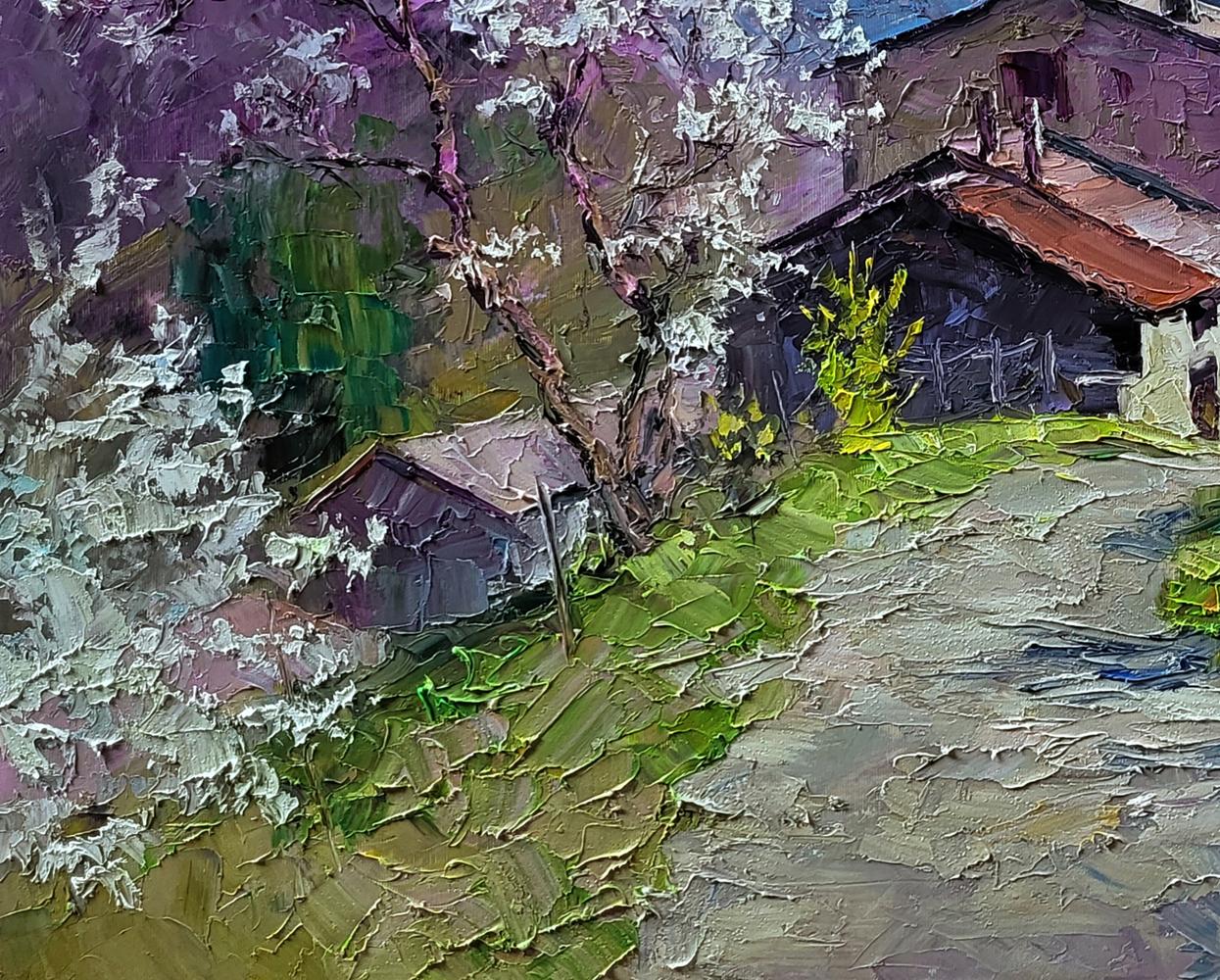 Vibrant impressionist oil painting of Boris Serdyuk village in mountains