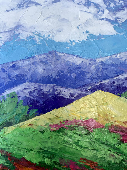 Oil painting of mountains and clouds by V. Zadorozhnya, vibrant blues and purples