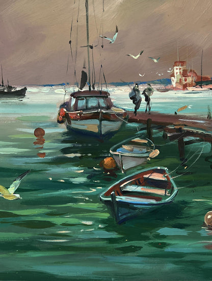 Oil painting of seagulls flying over wooden pier in turquoise water by Yuriy Suprunchuk