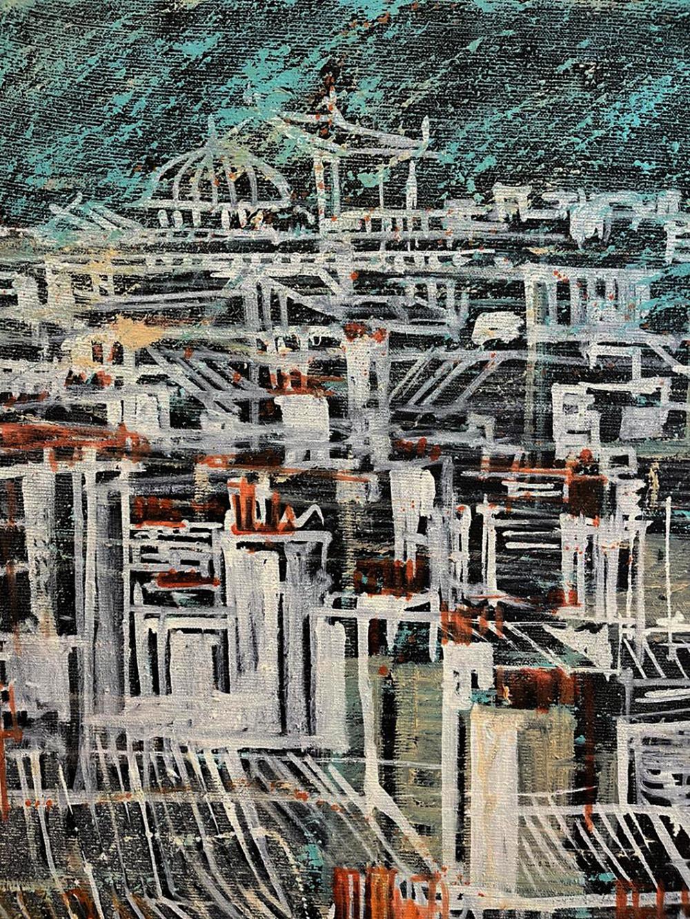 Oil painting Farnes by Serhiy Kovalev: abstract expressionist white, black, teal, rust-orange strokes