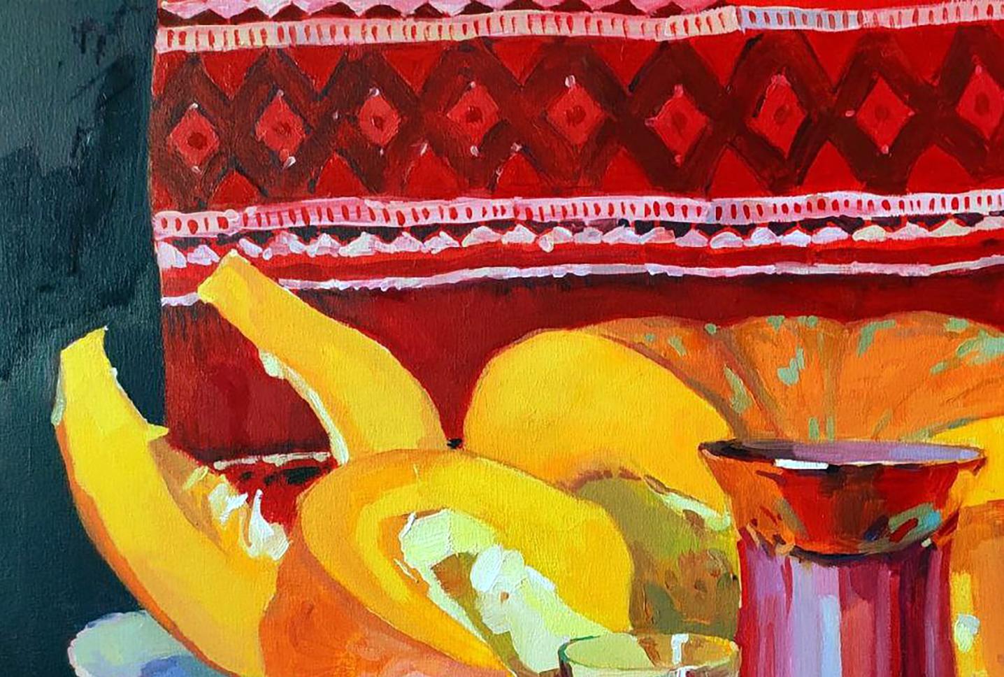 Oil painting by Anastasia Yaroshevich: sliced yellow squash on red cloth