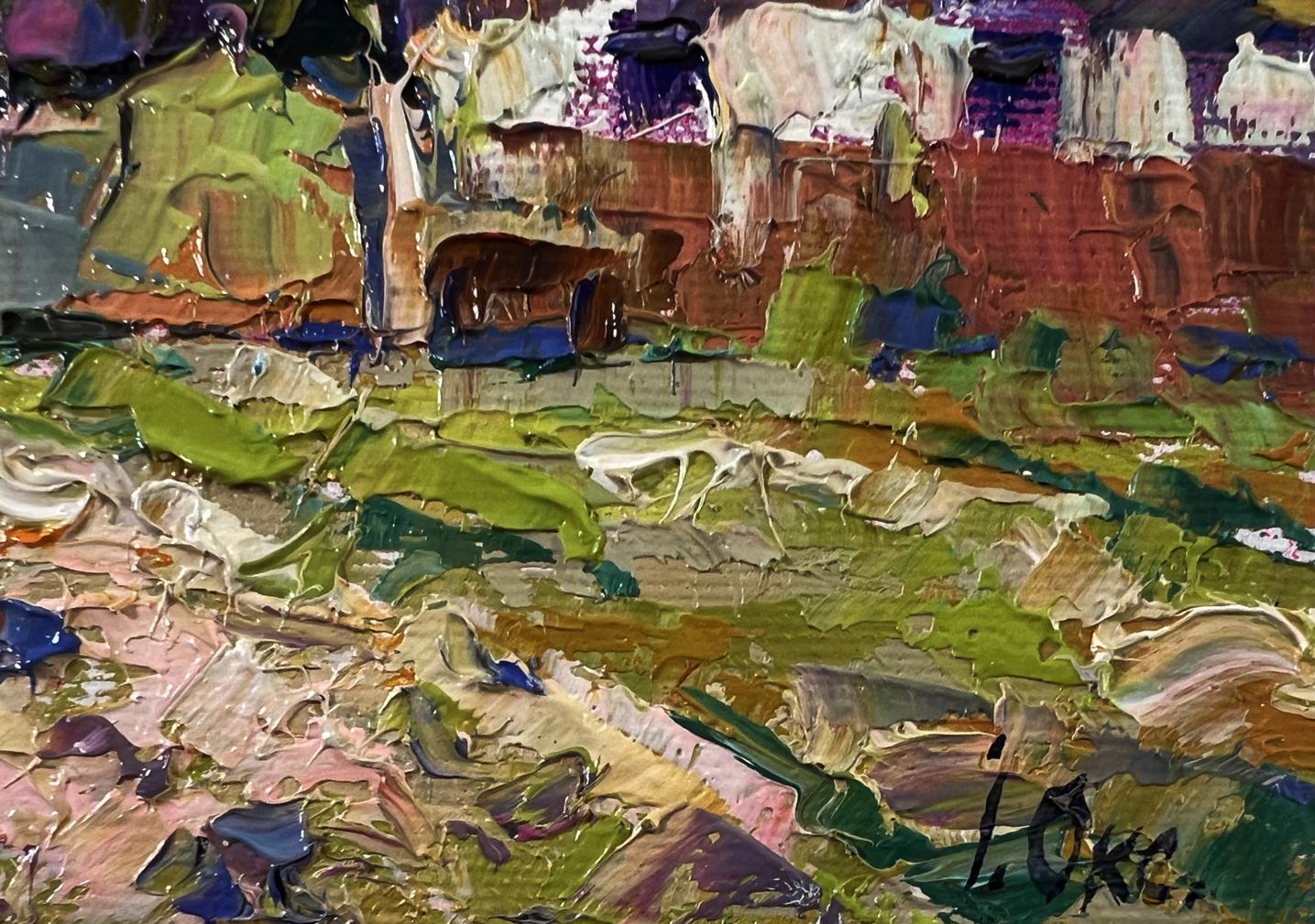 Oil painting Village Festive Day by Oksana Ivanyuk, vibrant green red purple brushstrokes