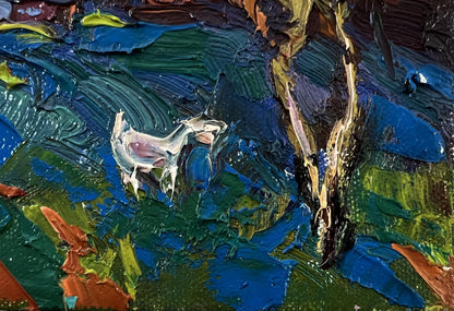 Oil painting Day outside the village by Oksana Ivanyuk, textured blue green scene