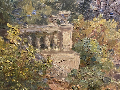 Oil painting of beige stone pedestal in Metropolitan Forest Reserve foliage