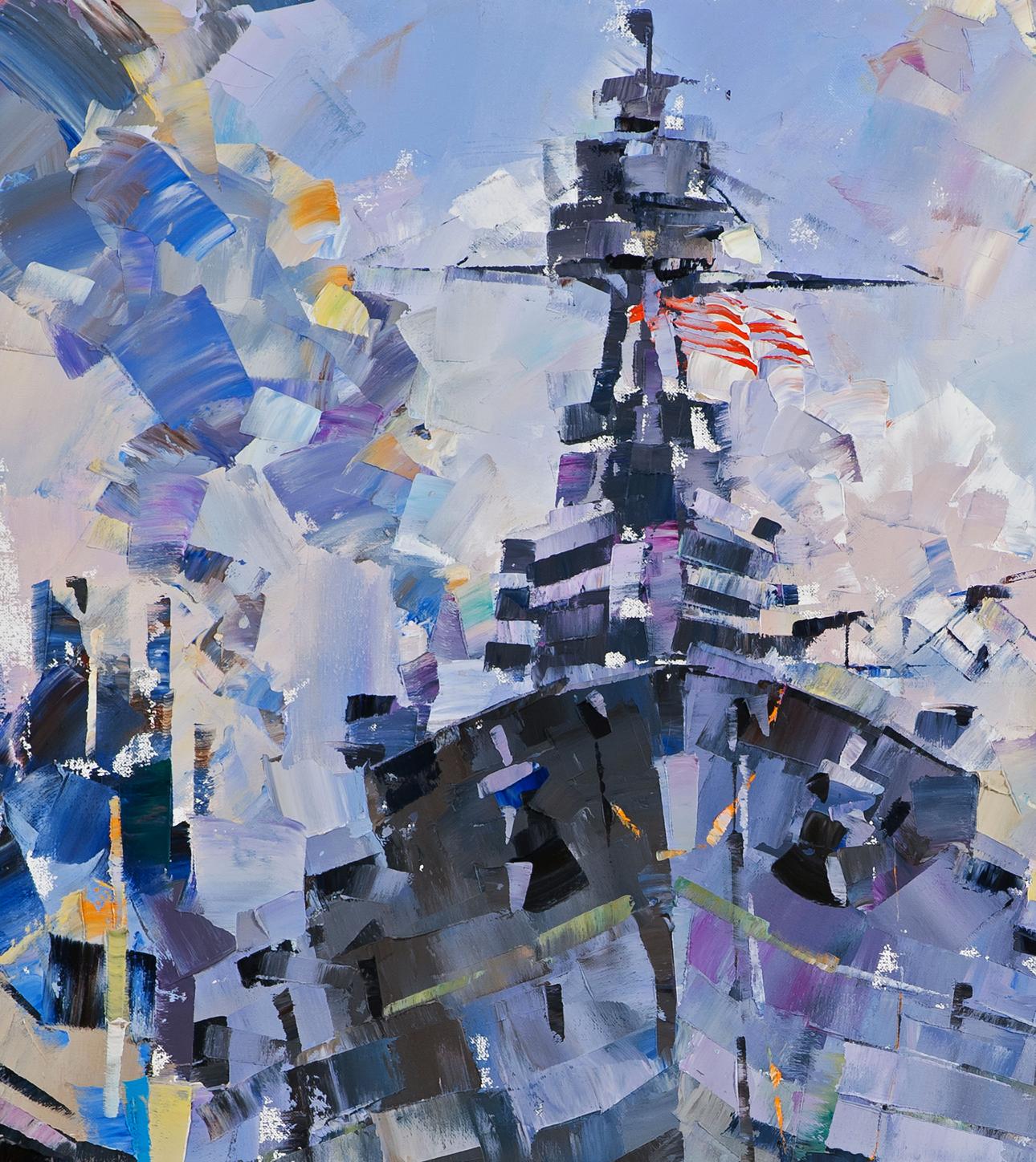 Oil painting of USS Texas BB-35 in dry dock, abstract expressionist style