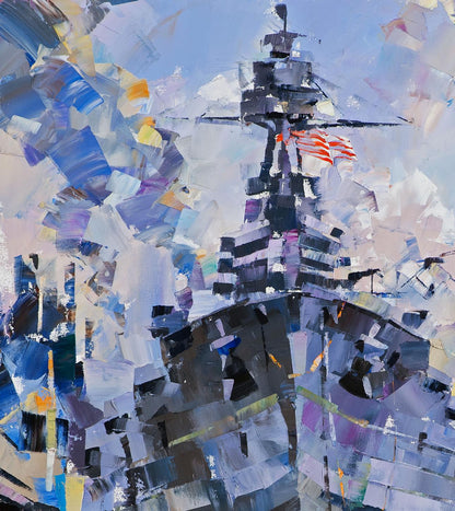 Oil painting of USS Texas BB-35 in dry dock, abstract expressionist style