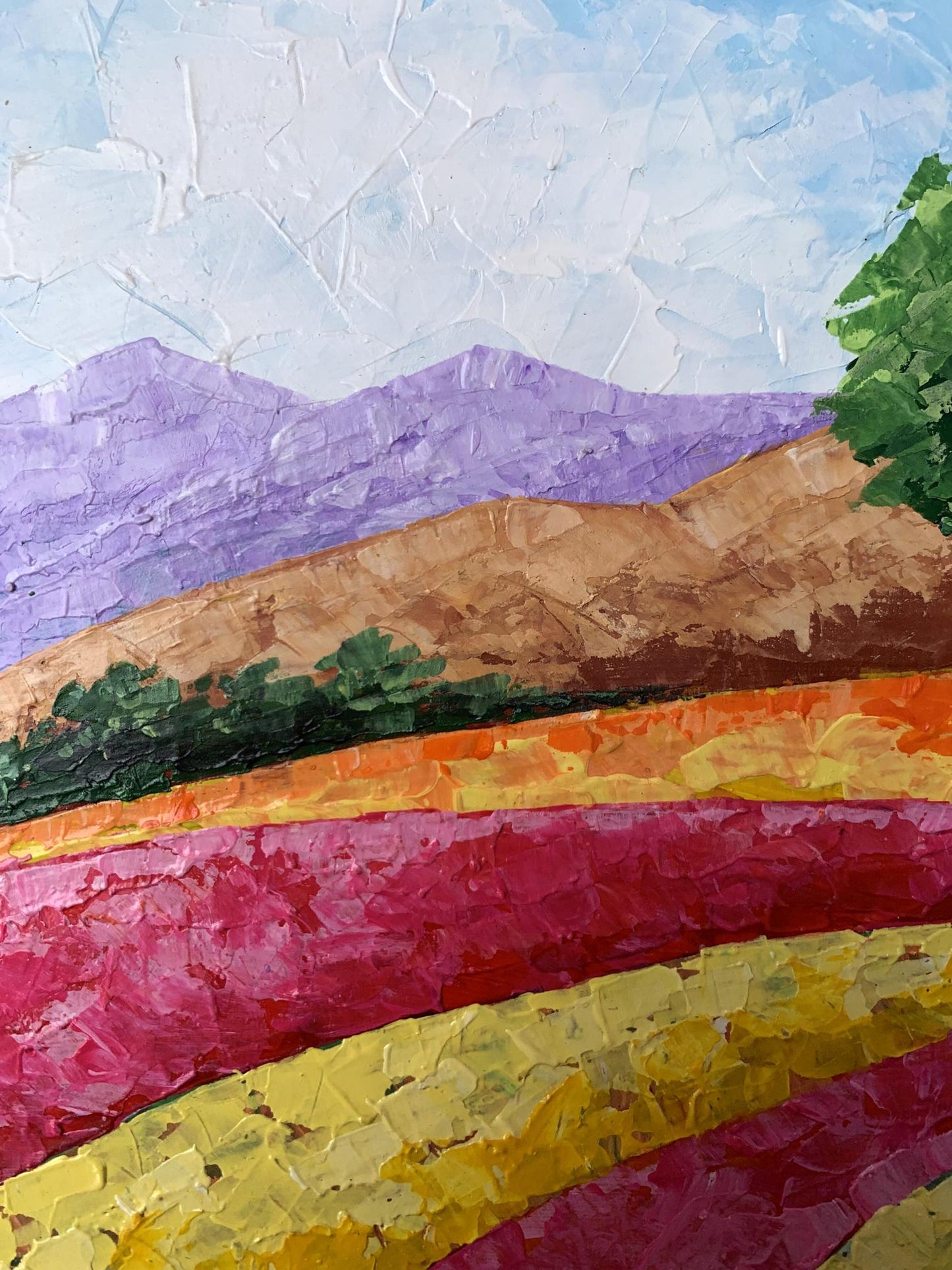 Vibrant oil painting of pink yellow flower fields and purple mountains by V. Zadorozhnya