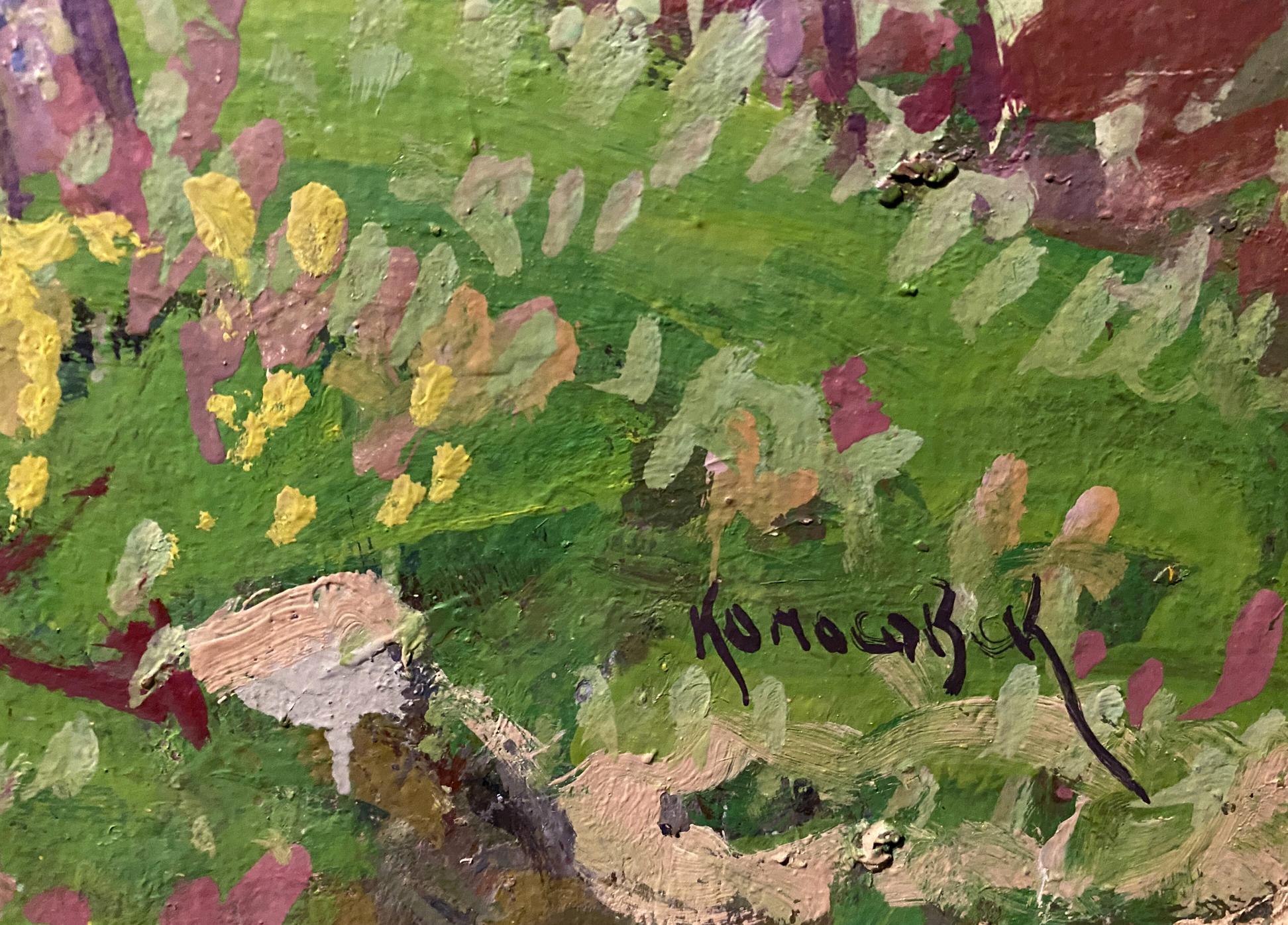 Oil painting Evening by Georgy Kolosovsky: vibrant green fields with colorful flowers