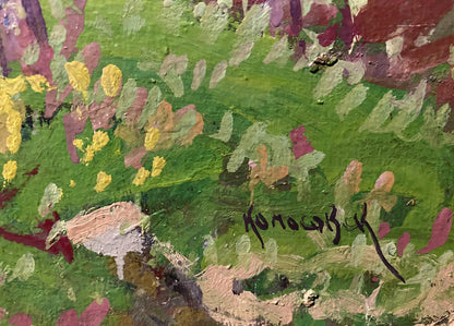 Oil painting Evening by Georgy Kolosovsky: vibrant green fields with colorful flowers